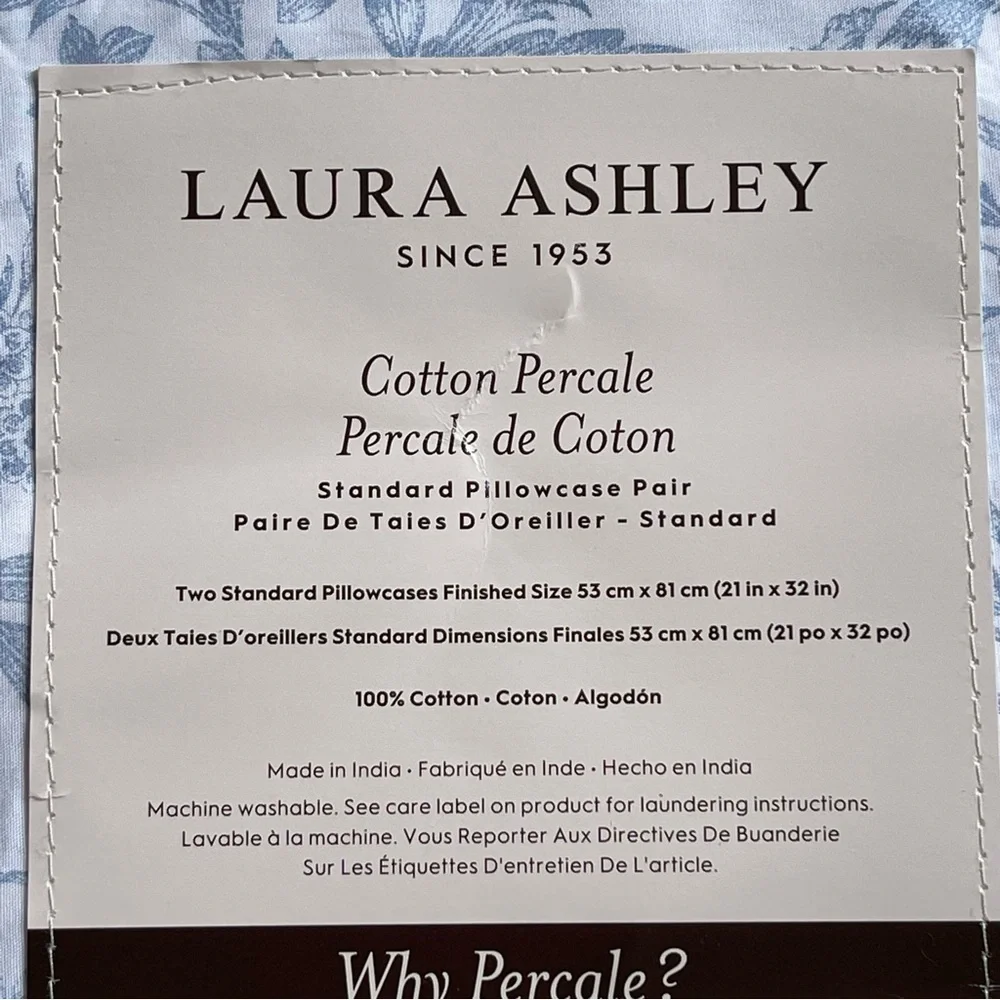 Laura Ashley Blue Floral Natalie cotton Percale 2 Standard pillowcases NWT